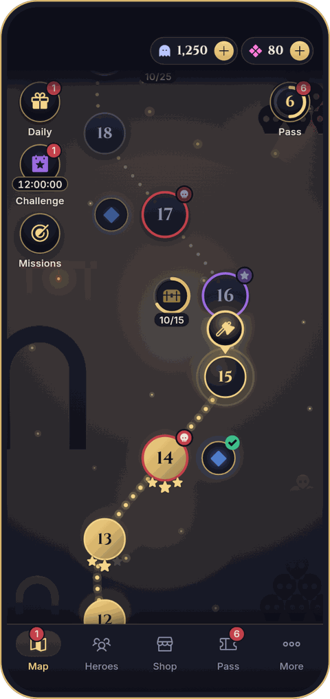Deckrypt screen: the dungeon map with its levels