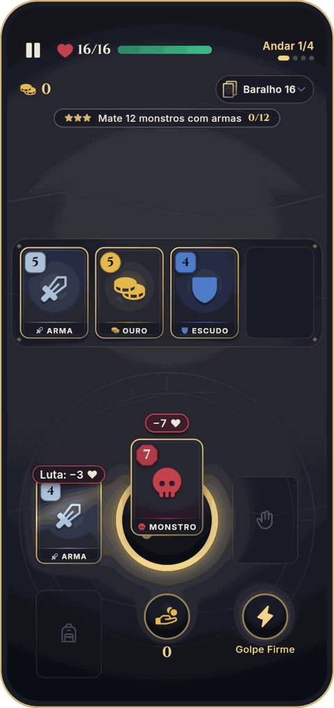 Tela do Deckrypt: uma sala com cartas de arma, ouro, escudo e monstro
